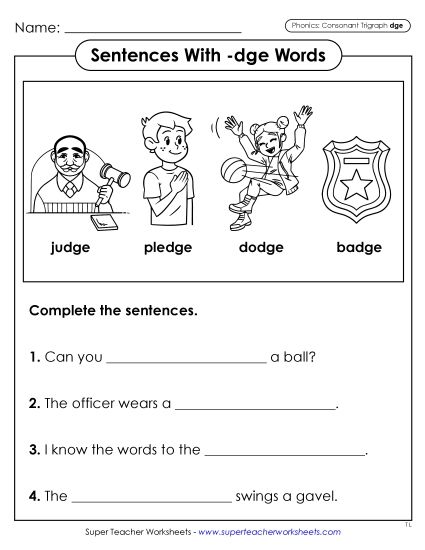 Worksheets - Sentences with -dge Words  (Printable PDF Worksheet)