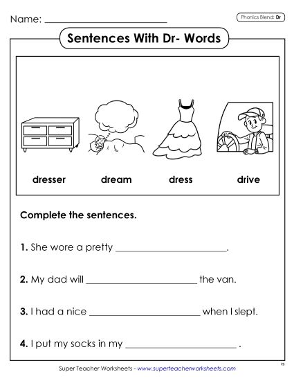 Worksheets - Sentences with DR Words (Printable PDF Worksheet)