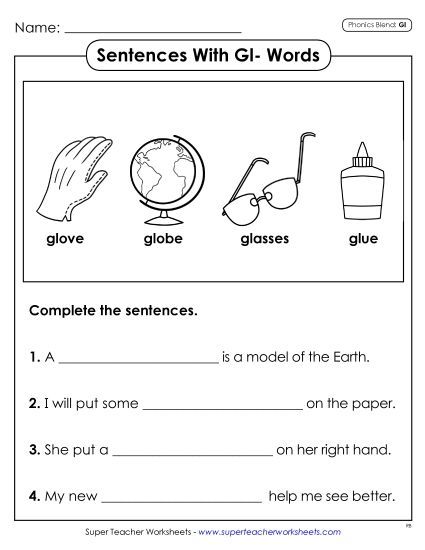 Worksheets - Sentences with GL Words (Printable PDF Worksheet)