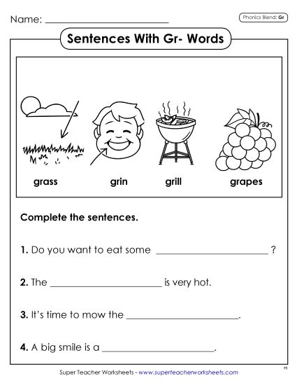 Worksheets - Sentences with GR Words (Printable PDF Worksheet)