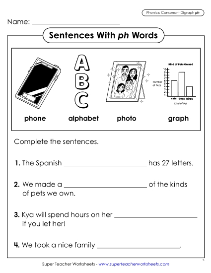 Worksheets  - Sentences With <i>ph</i> Words (Printable PDF Worksheet)