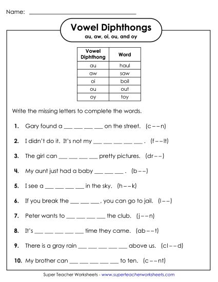 Worksheets - Sentences With Mixed Diphthongs  (Printable PDF Worksheet)