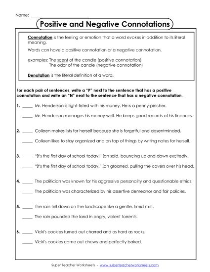 Identifying Positive & Negative Connotation - Sentences with Positive/Negative Connotations  (Printable PDF Worksheet)