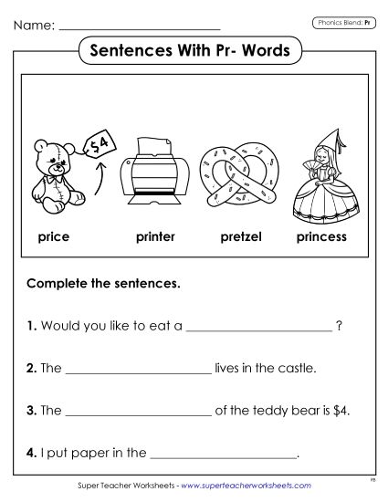 Worksheets - Sentences with PR Words (Printable PDF Worksheet)