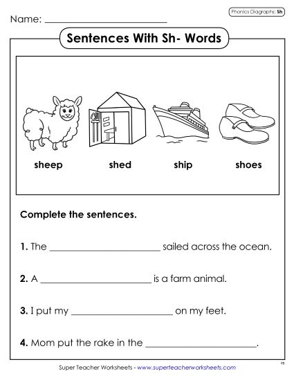 Worksheets - Sentences with SH Words (Printable PDF Worksheet)