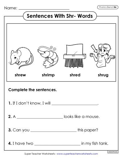 Worksheets - Sentences with Shr- Words (Printable PDF Worksheet)