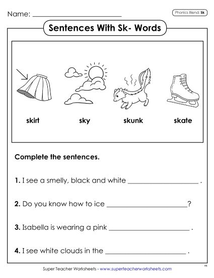 Worksheets - Sentences with SK Words (Printable PDF Worksheet)