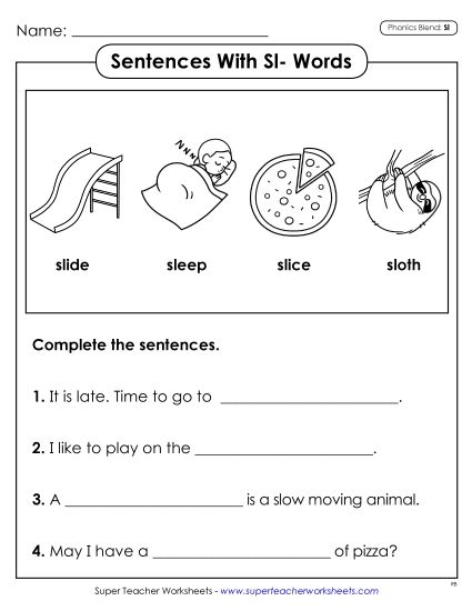 Worksheets - Sentences with Sl- Words  (Printable PDF Worksheet)