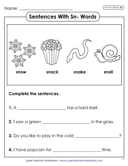 Worksheets - Sentences with Sn- Words (Printable PDF Worksheet)