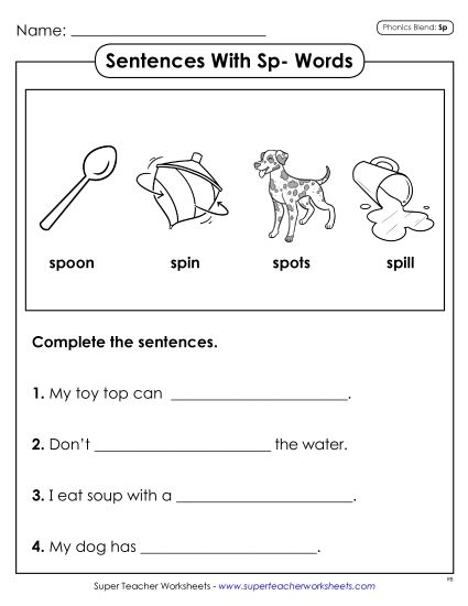Worksheets - Sentences with SP Words (Printable PDF Worksheet)