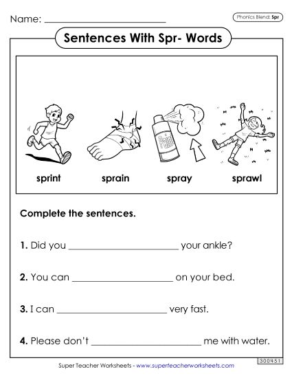 Worksheets - Sentences with Spr- Words (Printable PDF Worksheet)