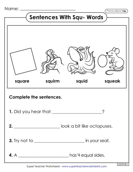 Worksheets - Sentences with Squ- Words (Printable PDF Worksheet)