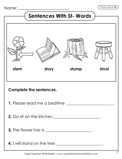 Worksheets - Sentences With ST Words (Printable PDF Worksheet)