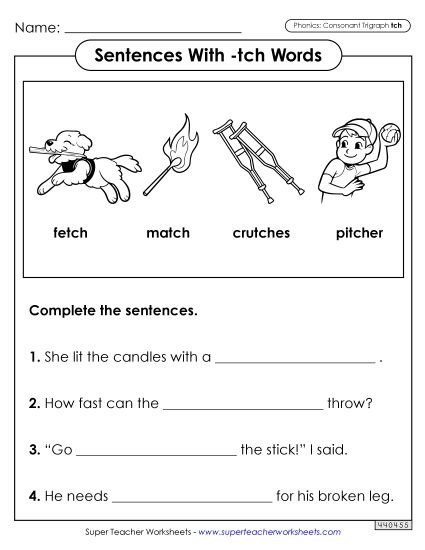 Worksheets - Sentences with -tch Words (Printable PDF Worksheet)