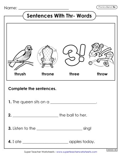 Worksheets - Sentences with Thr- Words (Printable PDF Worksheet)