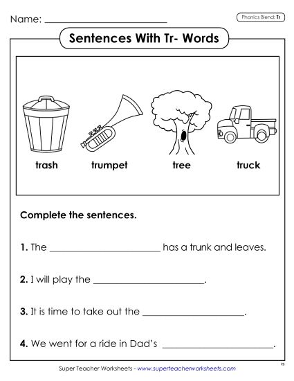 Worksheets - Sentences with TR Words (Printable PDF Worksheet)