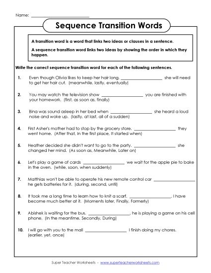 Sequence: Transition Words - Sequence Transition Words (Printable PDF Worksheet)