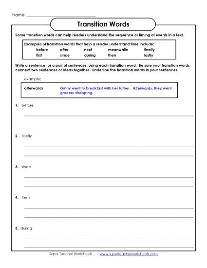 Sequence: Transition Words - Sequence Words: Write Sentences (Printable PDF Worksheet)
