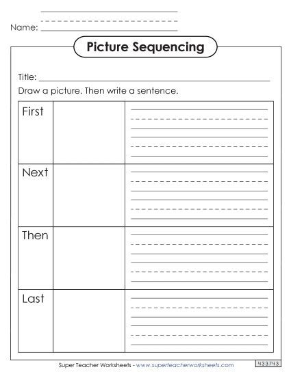 Graphic Organizers - Sequencing Boxes with Drawing  First, Next, Then, and Last (Printable PDF Worksheet)