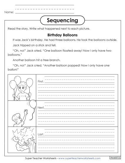 Sequencing Stories - Sequencing Story: Birthday Balloons (Printable PDF Worksheet)