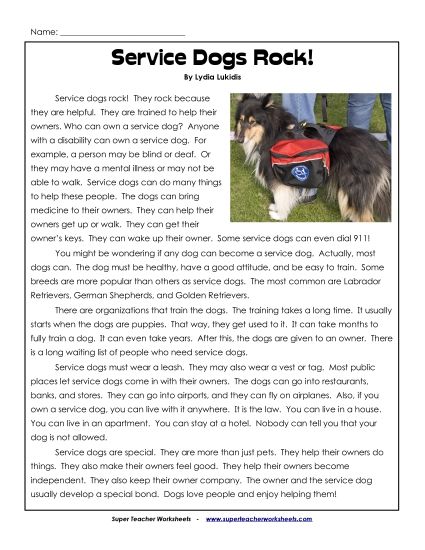 Nonfiction Articles - Service Dogs Rock! (Printable PDF Worksheet)