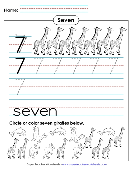 Number Seven - Seven: Trace, Print, Count (Printable PDF Worksheet)