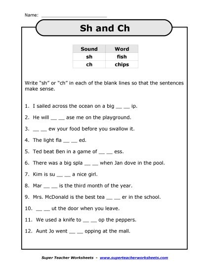 Sh and Ch Sentences (Printable PDF Worksheet)