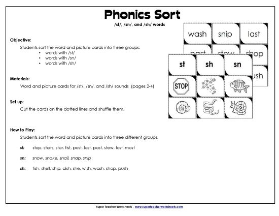 Games & Learning Centers - SH, SN, and ST Sorting Cards (Printable PDF Worksheet)