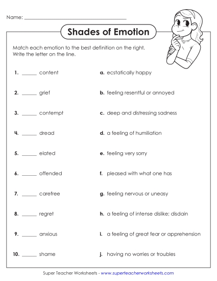 Self-Awareness - Shades of Emotion Vocabulary Matching (Printable PDF Worksheet)