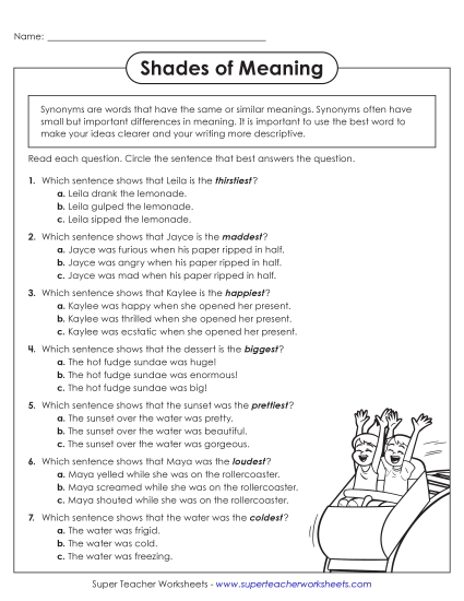 Intermediate Worksheets (Grades 3–5) - Shades of Meaning: Multiple Choice (Printable PDF Worksheet)