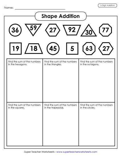 Worksheets (2-Digit Addends) - Shape Addition (2-Digit) (Printable PDF Worksheet)