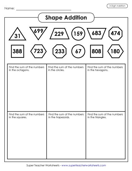 Addition (3-Digit Addends) - Shape Addition (3-Digit) (Printable PDF Worksheet)
