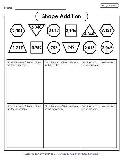 4-Digit Addition - Shape Addition (4-Digit) (Printable PDF Worksheet)