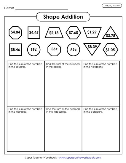 Adding Money - Shape Addition (Money) (Printable PDF Worksheet)