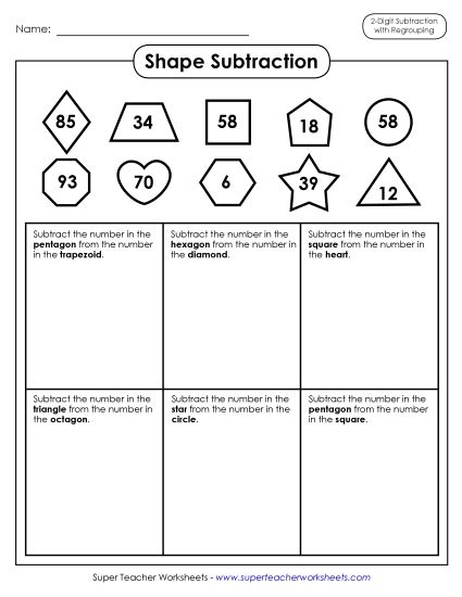 2-Digit Subtraction Worksheets - Shape Math:  2-Digit Subtraction (Printable PDF Worksheet)