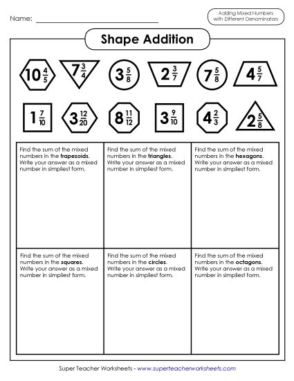 Adding Mixed Numbers: Different Denominators - Shape Math (Mixed Numbers; Unlike Denominators) (Printable PDF Worksheet)