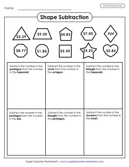 Subtracting Money Worksheets - Shape Math: Subtracting Money (Printable PDF Worksheet)