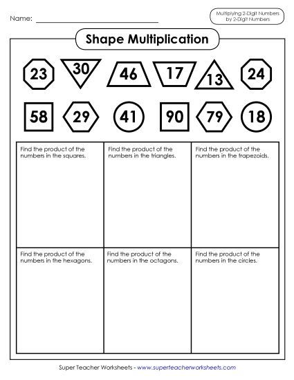 2-Digit Times 2-Digit Worksheets - Shape Multiplication (2-Digit by 2-Digit Numbers) (Printable PDF Worksheet)