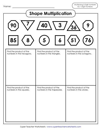 2-Digit Times 1-Digit Worksheets - Shape Multiplication (2-Digit Times 1-Digit Numbers) (Printable PDF Worksheet)