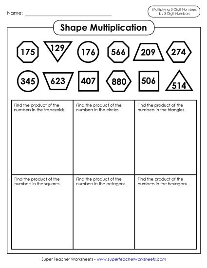 Multiplying by 3-Digit Numbers - Shape Multiplication: 3-Digit by 3-Digit (Printable PDF Worksheet)