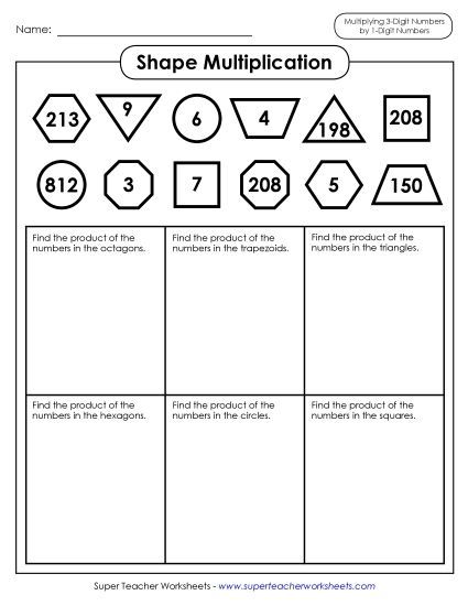 3-Digit Times 1-Digit Printables - Shape Multiplication (3-Digit Times 1-Digit Numbers) (Printable PDF Worksheet)