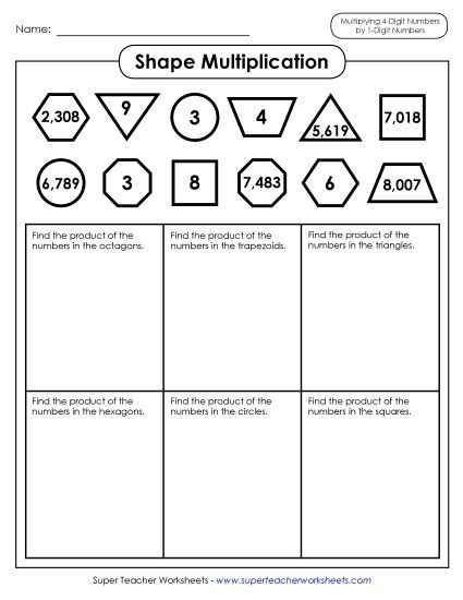 4-Digit Times 1-Digit Worksheets - Shape Multiplication (4 Digits) (Printable PDF Worksheet)