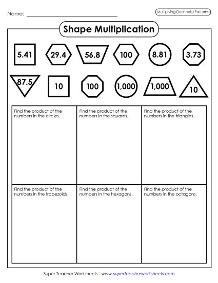 Decimal Multiplication Patterns - Shape Multiplication (Decimal Patterns) (Printable PDF Worksheet)