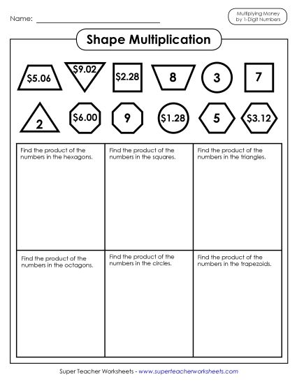 Money Times 1-Digit Worksheets - Shape Multiplication (Money Times 1-Digit Number) (Printable PDF Worksheet)