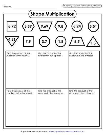 Multiplying Decimals By 2-Digit Numbers - Shape Multiplication (Tenths & Hundredths) (Printable PDF Worksheet)