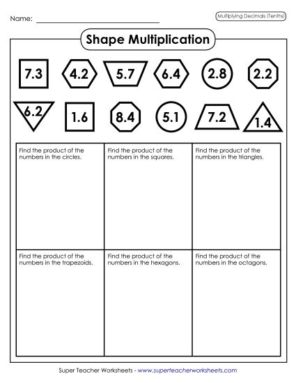 Multiplying Decimals By 1-Digit Numbers - Shape Multiplication (Tenths)  (Printable PDF Worksheet)