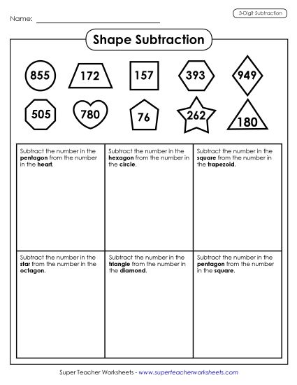 3-Digit Subtraction Worksheets - Shape Subtraction: 3 Digits (Printable PDF Worksheet)