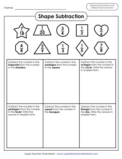 Subtracting Fractions: Different Denominators - Shape Subtraction Different Denominators (Printable PDF Worksheet)