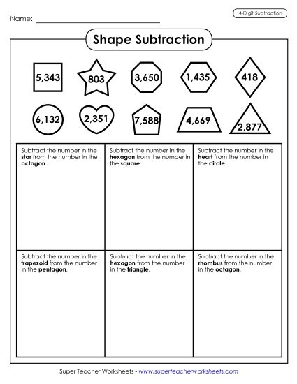 4-Digit Subtraction Worksheets - Shape Subtraction (Printable PDF Worksheet)
