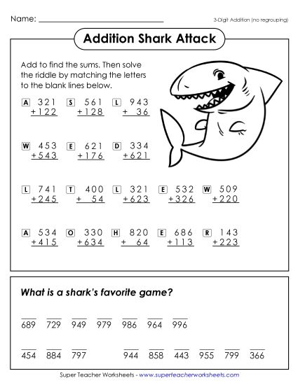Addition - Shark Attack (Addition / No Regrouping) (Printable PDF Worksheet)